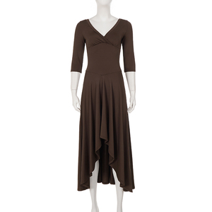 Vestido Maxi Casual Relajado de Manga Media con Cuello en V y Cintura Asimétrica de Color Liso, Estilo Vintage Francés Elegante para Mujer - Product Image 6