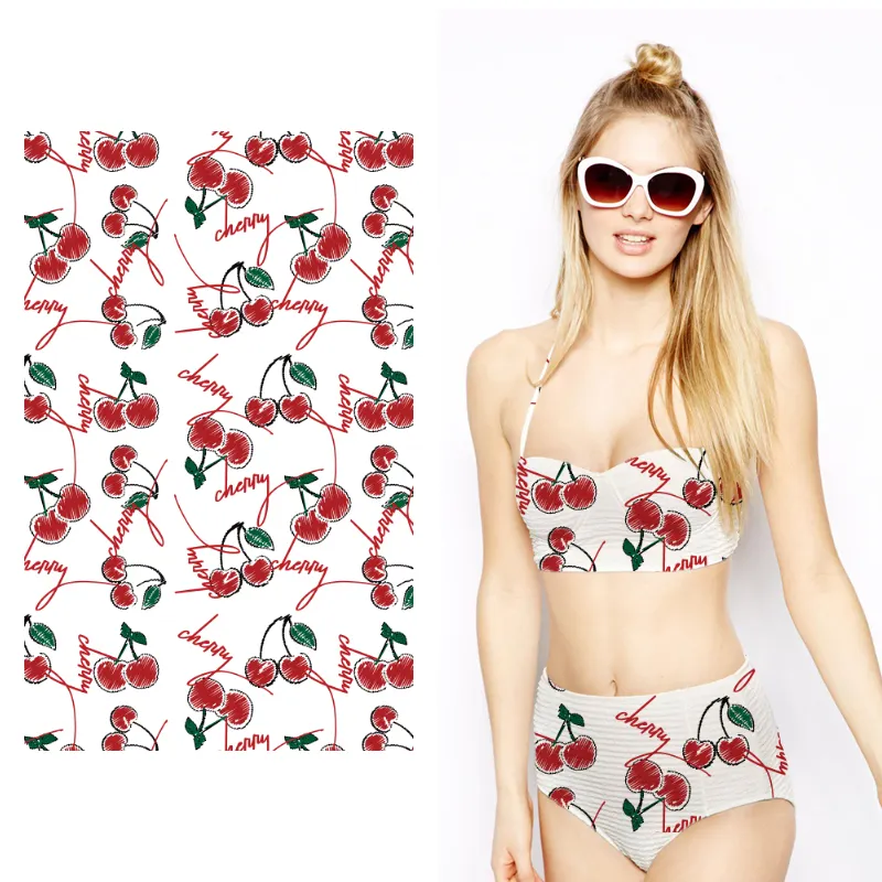 Wholesale woman cute cherryes patterns recycled stretch and quick drying underwear textile fabric for swimsuits