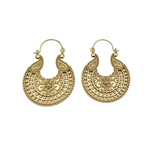 Ethnic Plain Hoop Earring Statement Gold Color <b>Boho</b> Earring Handmade Indian Antique Silver Carved Hoop Earrings - Product Image 2