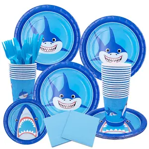 テーマブルー使い捨てパーティー紙皿カップナプキンサメ誕生日パーティー食器装飾用品