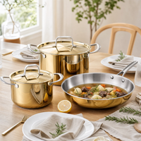 Ensemble de casseroles et poêles de luxe en acier inoxydable doré avec couvercles, pour cuisine domestique et vente en gros