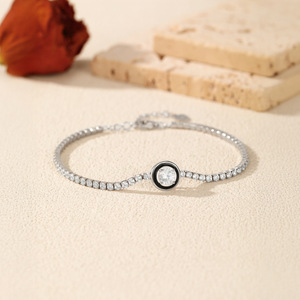 2026 High End Ins Hot Item S925 Sterling Silver Black Bezel Round Stone <b>Box</b> Chain Adjustable Luxury Thin Women Bracelet - Product Image 4