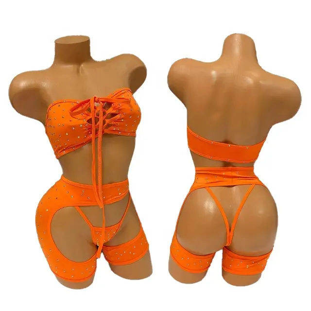 कस्टम विदेशी नारंगी तीन टुकड़े सेट डेन्केवियर रेव पहनने वाले उत्सव पोशाक स्ट्रिपर सेट