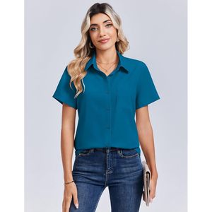 Women Blouses Short Sleeve Button Down Shirt Poplin Fabric Work Business Casual Spring Summer <b>Top</b> - Product Image 2