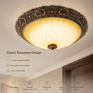 Plafonnier LED rond européen à montage encastré, 24W, blanc chaud, base en fer, abat-jour en verre, pour salon, chambre à coucher, couloir - Product Image 2
