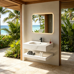 Meuble de salle de bain moderne flottant à double niveau en marbre avec plan de travail en pierre frittée, vasque en céramique et <span class=keywords><strong>miroir</strong></span> LED <span class=keywords><strong>pour</strong></span> villa - Product Image 3