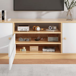 Meuble TV moderne de luxe simple, design en panneaux, bois de chêne/gris + blanc, avec tiroirs, pour salon, séparateurs de pièces - Product Image 3
