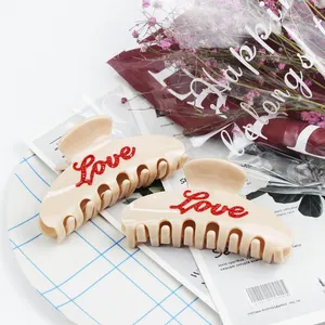 CANYUAN New Cellulose Acetate Word "LOVE" Rhinestone Baseball Hair Clip Claw For Lady Shiny Jaw Clip For Women Thin Hair