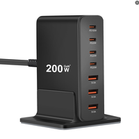 Chargeur de bureau vertical 200W GaN avec base fixe pour la maison, le bureau, le dortoir, station de charge USB C PD 100W max 7 ports