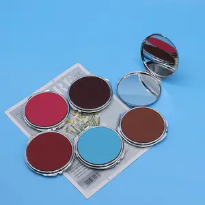 时尚小化妆镜激光雕刻皮革圆形紧凑型金属镜
