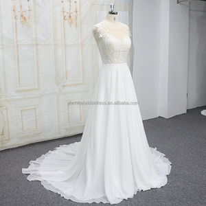 <span class=keywords><strong>Vestidos</strong></span> de novia modernos de una línea de gasa hermosa <span class=keywords><strong>playa</strong></span> con encaje hasta el suelo tren capilla - Product Image 5