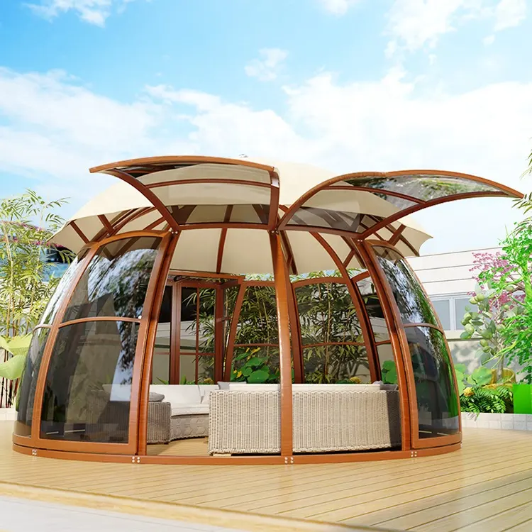 Gazebos ศาลาพักผ่อนทรงกลมหรูหรา,ศาลาพักผ่อนหลังคาโพลีเอสเตอร์กันน้ำป้องกันรังสียูวีศาลาพักผ่อนทรงกลมพร้อมกรอบอลูมิเนียมบอร์ด PC ดีไซน์ใหม่