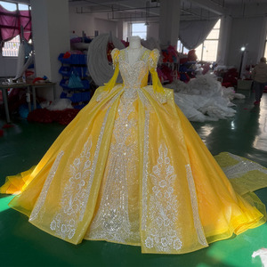 ชุดแต่งงานสีเหลือง ชุดแต่งงานแบบกำหนดเอง ชุดเดรสลูกไม้สำหรับงาน Quinceanera Xs123 - Product Image 6