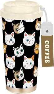 Schattige Kattengezichten Geïsoleerd Roestvrijstalen Tuimelaar Cilindrisch Koffiekopje Met Deksel Trekken & Riem Handvat Reisdrinkwaren Voorraad - Product Image 2