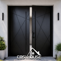Porte d'entrée double moderne en aluminium noir avec panneaux d'accentuation en grain de bois, porte extérieure minimaliste de luxe