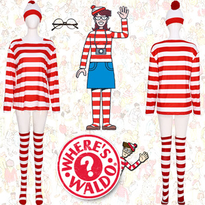 Costume Where's Waldo, chemise rayée rouge et blanche, chapeau, chaussettes, cosplay pour adulte, jeu de rôle d'Halloween - Product Image 1