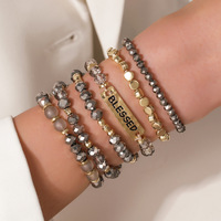 Boho Design 2025 piles 6 pièces perles de verre métalliques Stretch plaqué or gravé mots bénis Bracelets ensemble bijoux