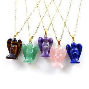 Bijoux Cristal Ange Collier Craved Gemstone Tiger Eye Amethyst Lapis Lazuli Ange Statue Pendentif Collier pour Hommes et Femmes - Product Image 5