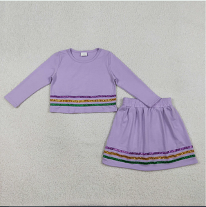 Ensemble de vêtements pour filles, haut à manches longues, jupe et short violets GLD1573, pour le Mardi Gras - Product Image 1