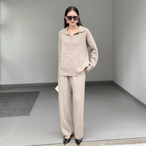 Phụ Nữ Giản Dị Phù Hợp Với Dài Tay Áo Ấm Áo Len Cao Eo Rộng Quần Chân Bộ Phụ Nữ Đan Hai Mảnh Thiết Lập Áo Len Thiết Lập - Product Image 4