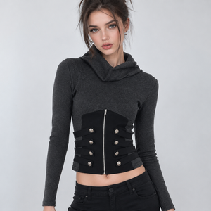 T-shirt court côtelé à col montant et manches longues pour femme, avec détails de patchwork et fermeture éclair à la taille, extensible, coupe décontractée, style streetwear - Product Image 6