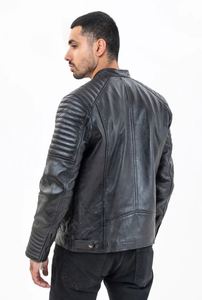 Men's Genuine <b>Leather</b> Moto <b>Jacket</b> Stand Collar Zipper Closure Solid Color Regular Fit Autumn Wear For Sale New Quality - Product Image 3