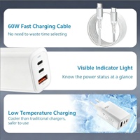 Cargador Rápido PD QC de 65W con 3 Puertos, Enchufe Europeo, Cargador de Pared Multipuerto con Doble Tipo-C y USB-A para Teléfono y Portátil con Cable Tipo-C
