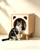 Table de chevet 2-en-1 personnalisée avec maison pour chat et panneau à gratter latéral remplaçable, design Panda, pieds en bois massif, meuble gain de place