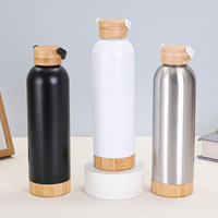Botol Minum Stainless Steel Portabel untuk Luar Ruangan dengan Tutup Bambu dan Alas Kayu, Botol Air Olahraga Mulut Kecil dengan Pegangan Tangan