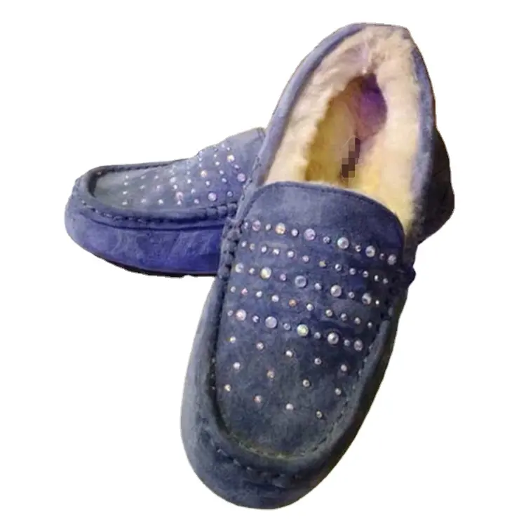 Sepatu Bulu Domba Kulit Domba Merino Australia Desain Baru Sepatu Bulu Domba Datar Wanita Sepatu Mokasin Berlapis Bulu
