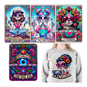 Divertido mexicano mal de ojo <span class=keywords><strong>Chismosa</strong></span> <span class=keywords><strong>La</strong></span> Chigona Latina esqueleto Tarot tarjeta Logos hierro en DTF calor prensa transferencia pegatinas para ropa - Product Image 1