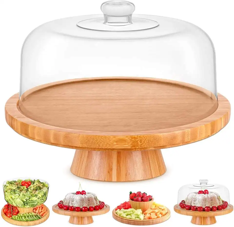 Factory price 6-in-1 Multi-functional Cake Holder Cake Serving Platter Bamboo Cake Stand with Clear Acrylic Dome Cover