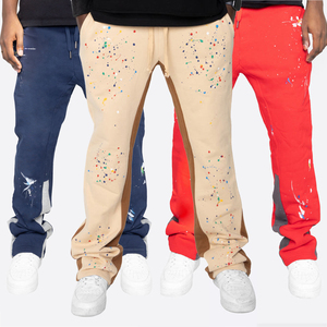 Pantalones de chándal acampanados de pierna ancha con logotipo personalizado 2025, pantalones de chándal Acampanados para hombre, pantalones holgados apilados con estampado de salpicaduras de pintura de rizo francés - Product Image 1