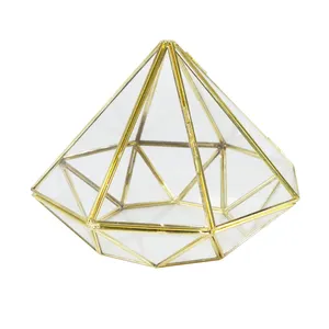Fabrik verkauf Schwarz gold Kupfer rahmen Geometrisches Glas Blumenvase Pflanzer Glas Terrarium für Garten Home Decoration