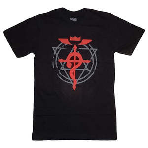 T-shirt per adulti Fullmetal Alchemist Brotherhood Flamel Cross, con stampa serigrafica, vestibilità regolare, girocollo, manica corta, in jersey di cotone. - Product Image 1
