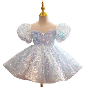 Kids Birthday Party Dresses for Little Girl Size 2 To 14 Years Prom Sequin Dress 2022 Luxury Gowns Sky Blue Evening Formal Frock