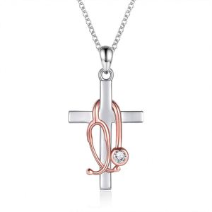 NEW Cross <b>Titanium</b> Steel Pendant Necklace Creative Stethoscope Shape Crystal Rhinestone Cross Necklace for Doctor Nurse Gifts - Product Image 1