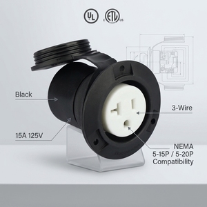 Prise d'alimentation industrielle noire 15 A 125 V 3 fils NEMA 5-15P/5-20P pour camping-car, en métal et ABS, à <span class=keywords><strong>lame</strong></span> droite - Product Image 3