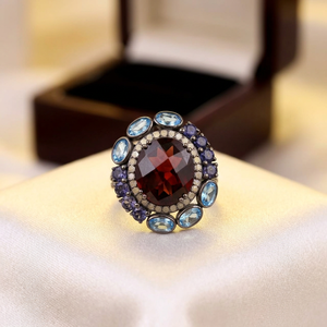Luxury Women's Cocktail <b>Ring</b> 925 Silver Natural Stone Ruby Oval Cut with Blue Gemstones Prong Setting Flower Design Engagement - Product Image 6