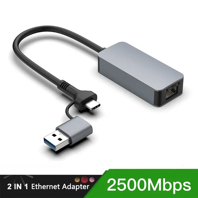 2 in 1 2.5G USB Type C to Ethernet Network Card Type-C RJ45 Port for Desktop Notebook Computer with 2500M Speed