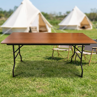 Table de banquet pliante en contreplaqué à grain de bois, avec pieds en fer noir, rectangulaire, pour événements, formations, repas, hôtels et mariages