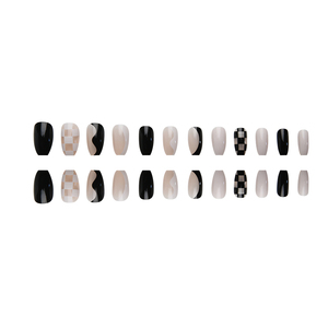 Faux ongles à presser noirs et beiges, motif damier et tourbillon, couverture complète, réutilisables, pour usage quotidien féminin, bureau et fêtes - Product Image 4