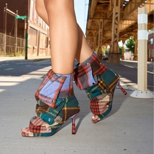 Autumn Square Open Toe Thin Heel Canvas Denim Solid Color <b>Ankle</b> <b>Booty</b> Women Pleated Upper Boots - Product Image 1