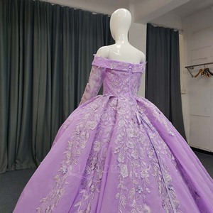 Lsany215 Robe de bal de Quinceañera moderne et romantique, violette, avec appliques florales 3D, décolleté cœur, traîne chapelle et perles, pour bal de promo - Product Image 6
