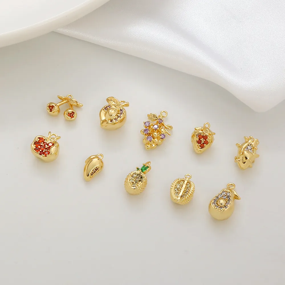 Seri Buah Liontin untuk Membuat Perhiasan Ceri Nanas Liontin Berlapis Emas Kuningan Zirkon Liontin