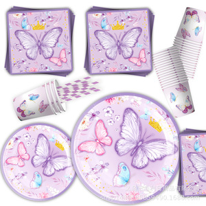Ensemble de décoration de fête sur le thème des papillons violets, vaisselle jetable pour enfants de 5 à 7 ans - Product Image 3