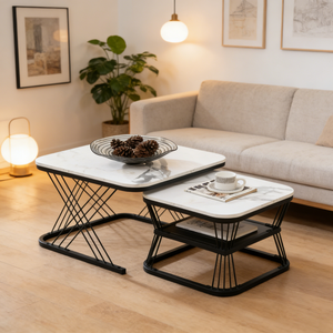 Современный набор из 2-х журнальных столиков, столешница из белого мрамора с черной металлической рамой, складные приставные столики для гостиной - Product Image 1