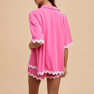 ชุดเสื้อสองชิ้นสำหรับผู้หญิง<span class=keywords><strong>เสื้อ</strong></span>ลำลองขอบ<span class=keywords><strong>หยัก</strong></span>ชุดเสื้อและแขนสั้นออกแบบได้ตามต้องการสำหรับฤดูร้อน - Product Image 3