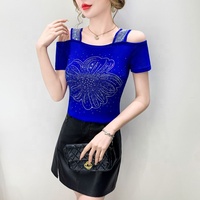 Camiseta de Fiesta Personalizada para Mujer con Lazo de Mariposa, Pedrería y Lentejuelas Brillantes, de Hombros Descubiertos y Manga Corta para Discoteca