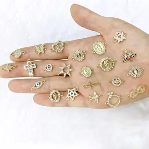 CZ8526 Tiny Mini 18k Gold Plated CZ Paved Bee Cross Heart Our lady of Guadalupe Charm Connectors for Bracelet Jewelry Making